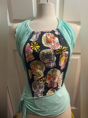 Mint Halter Top with Colorful Sugar Skull Panel